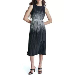 144$ DKNY Abstract Pleated Crepe Satin Fit & Flare Dress Sleeveless Size 2 Black